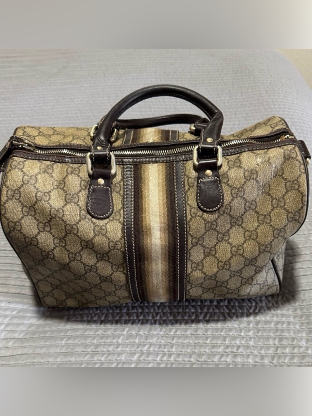 Gucci Brown Monogram Canvas Stripe-Accent Boston bag.